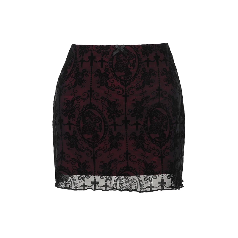 Goth Black Lace Flocking Skull Cross Print Mini Skirts for Women Y2K Vintage Sexy Red Layered Bodycon Summer Fashion Short Skirt