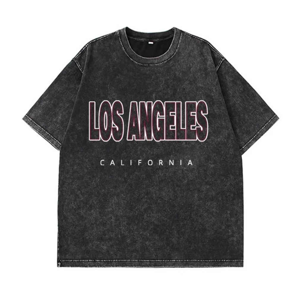 American Street T-Shirt with “Los Angeles” Text and Pink Car Print, Vintage Washed Graphic Tee for Men Women Sport Casual Top