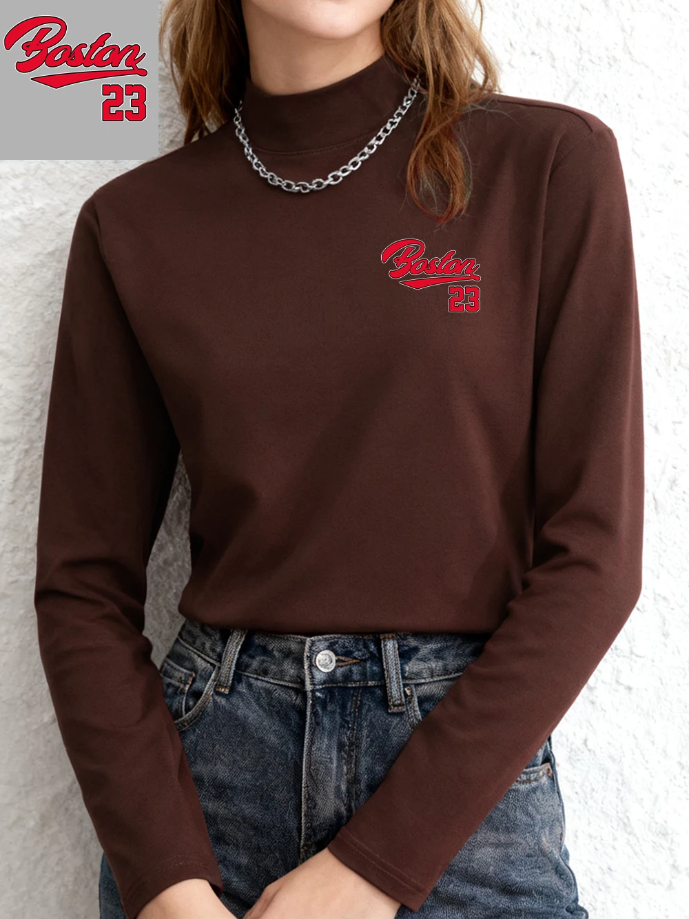 

Бостон 23, футболки с буквенным принтом, женские зимние флисовые топы, теплая полуводолазка, облегающая нижняя рубашка, базовая женская одежда