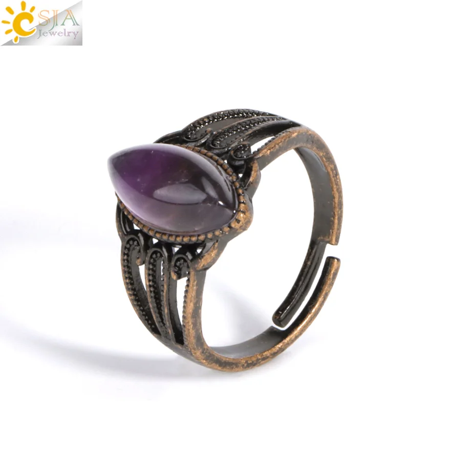 Adjustable Gem Stone Ring Vintage Horse Eye Crystal White Crystal Amethysts Obsidian Tiger Eye Finger Rings for Men Women H507