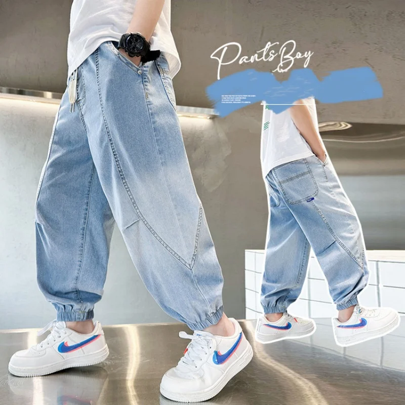 Summer New Boys' Anti-Mosquito Lightweight Jeans Gradient Wash Slant Side Pockets Design Available in Sizes 120-170 cm