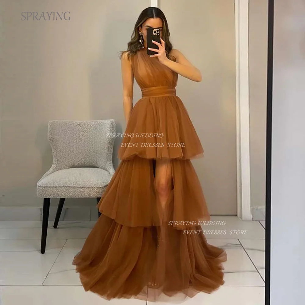 SPRAYING Tiered Tulle Evening Dresses Custom Made High Slit A-line Prom Gown Elegant Sleeveless Party Dress Custom Made