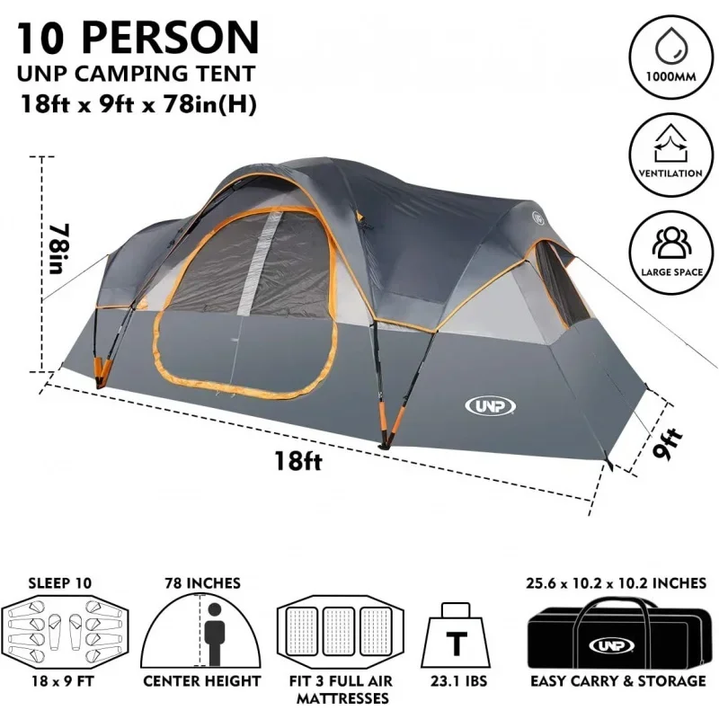 QWUNP Camping Tent 10-Person-Family Tents,Parties,Music Festival Tent,Big,Easy Up,5 Large Mesh Windows,Double Layer,2 Room,