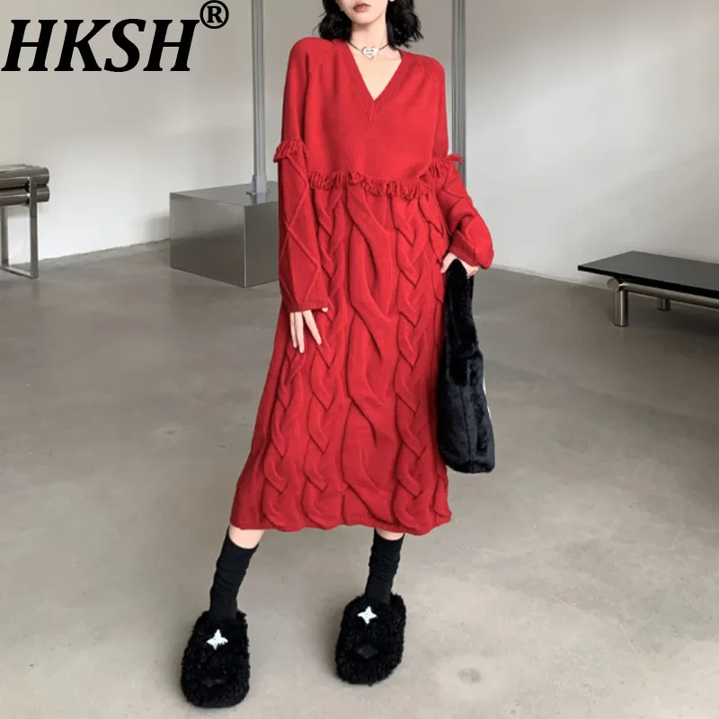 HKSH Herbst Winter Neue Frauen Lange Pullover Kleid V-ausschnitt Quaste Einfarbig Elegante Trend Casual Übergroßen Gestrickte Kleider HK16178