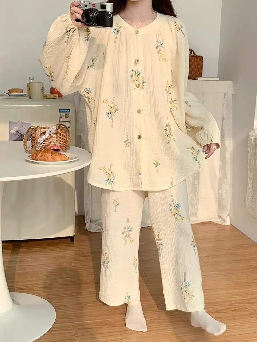 

Long Sleeve Long Trousers Floral Pajama Sets Women's Pastoral Style Home Clothing 2-piece Set Big Size Woman Sleepwear Cotton Pj