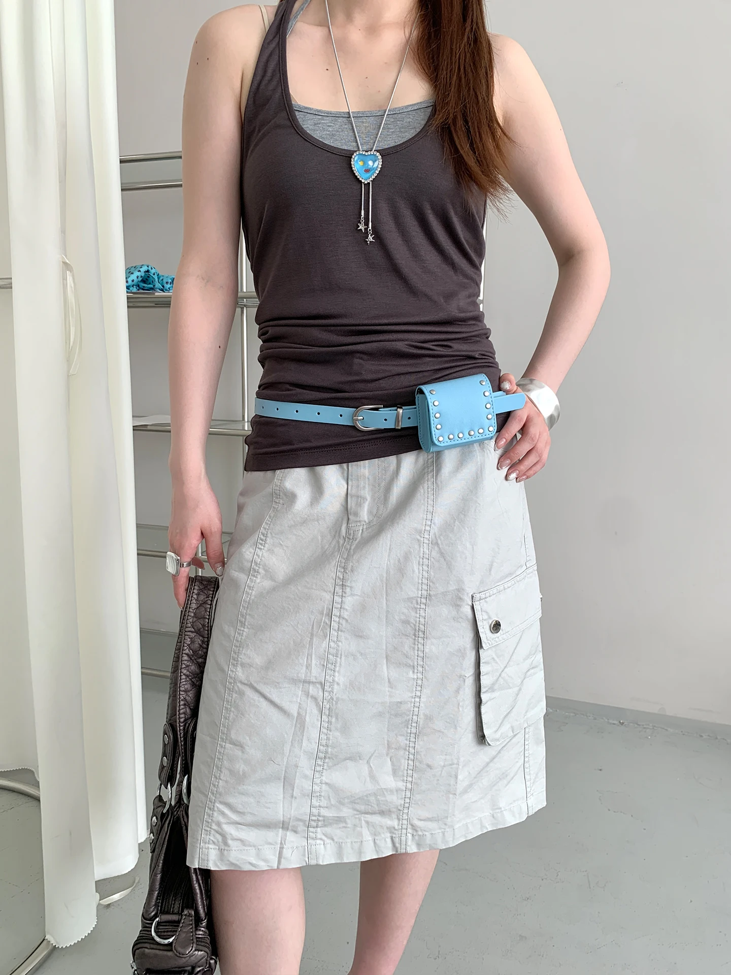 Retro Punk Style Blue Studded Waist Belt Bag Women's Sweet Cool Style Accessory Small Bag Belt With Jeans Decoration