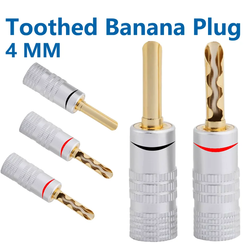 

10Pcs 24K Gold Plated Copper 4mm Serrated Banana Plug BFA Banana Connector Male Speaker Plug Black&Red