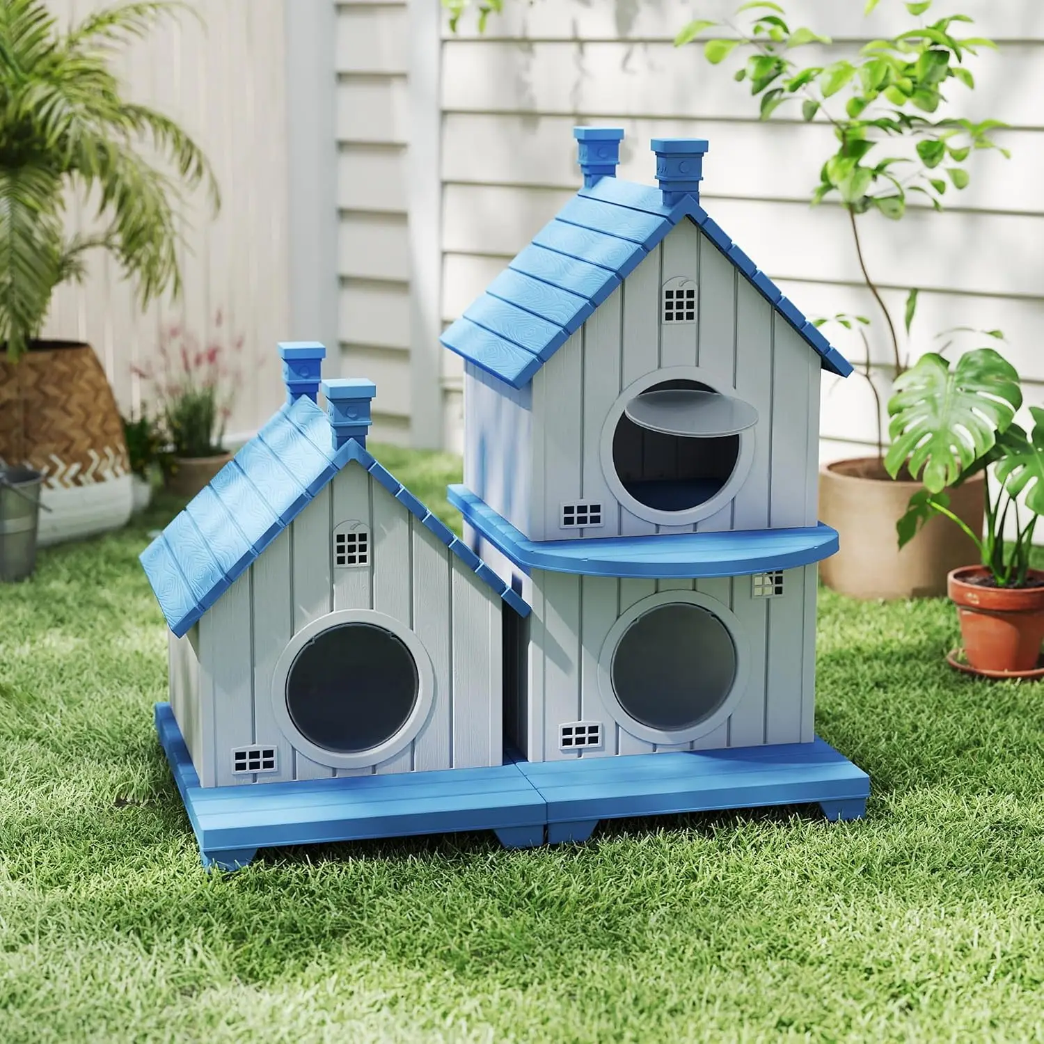 Durable Resin Multi-Story Cat House, Waterproof Ventilated UV Shelter, Indoor Outdoor Easy Clean Multi-Cat, Customized