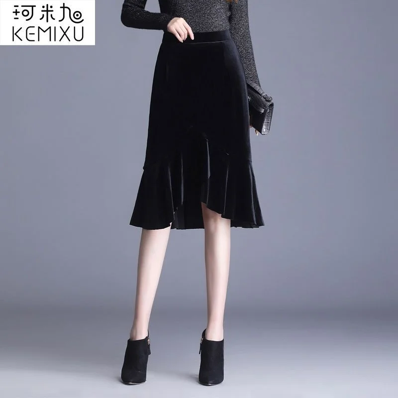 

Black Velvet in Autumn Winter 2023 New High Waist Slim Mid Length A-line Hip Faldas Fashion Clothes for Women Skirts