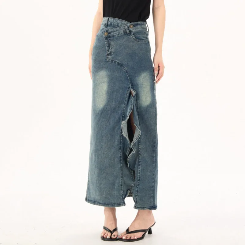ANJY Summer New Women American Retro Denim Skirt Distressed Split Ruffles Asymmetric Streetwear Elegant Stylish Y2K Skirts A8888
