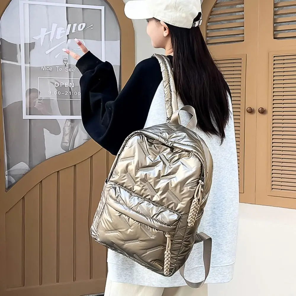 Portable Solid Color Space Cotton Backpack Cloud Pleated Bubble Shoulder Bag Large Capacity Nylon Student Schoolbag Lady/Girls