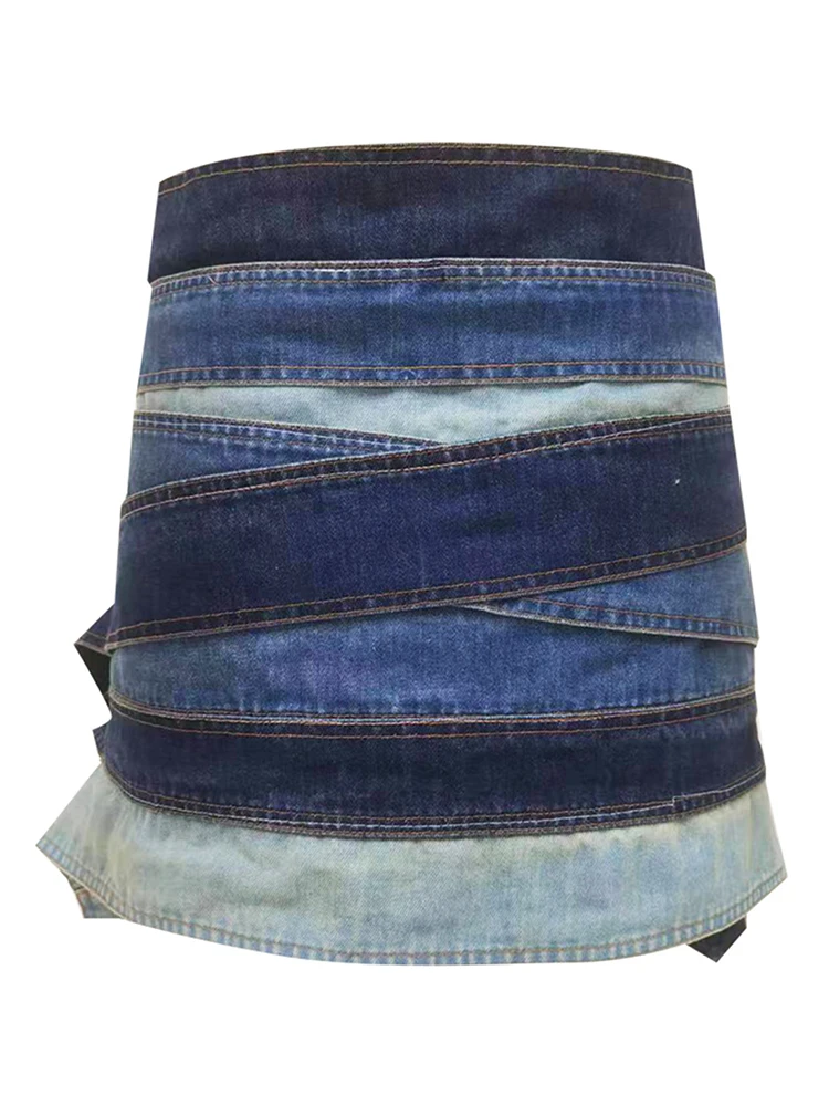 Xiwen Fashion Dames Denim Rok Lage Taille Gewassen Onregelmatige Metalen Gat Riem Gesplitst A-Line Rokken Herfst 2024 Nieuw Tij Xf1792