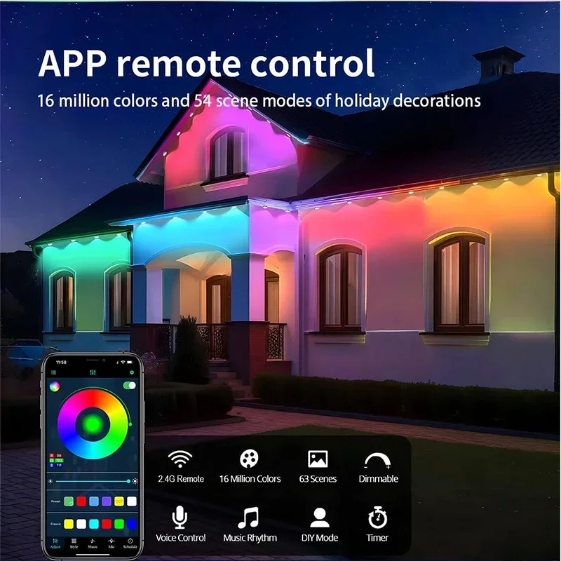 Smart RGBIC Eaves LED String Lights Permanent Outdoor Light Bluetooth DIY Waterproof Music Sync Party Christmas Holiday Decor