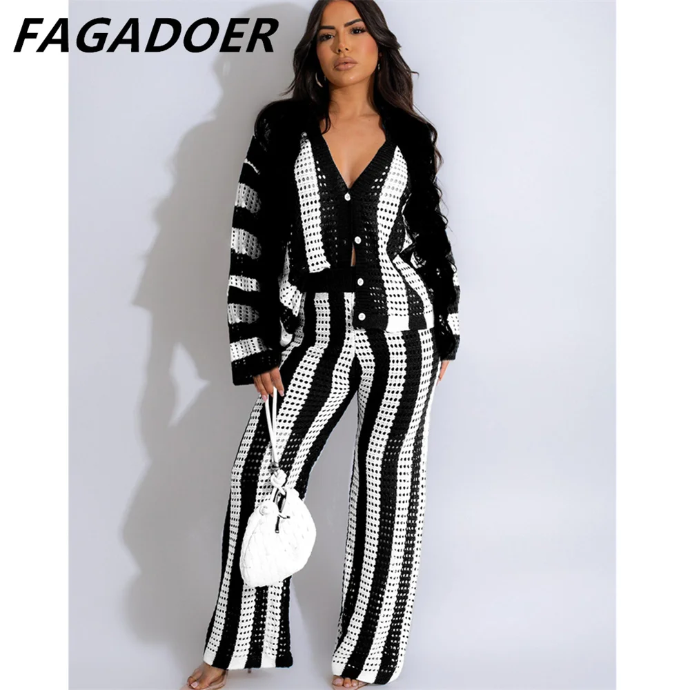 FAGADOER Black Fashion Knitting Hollow Two Piece Sets Women V Neck Long Sleeve Top And Pants Outfit Female Stripe 2pcs Clothing