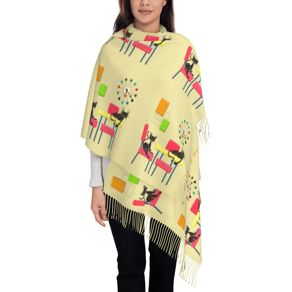 

Female Large Mid Century Retro Black Cats Scarves Women Winter Thick Warm Tassel Shawl Wraps Minimalist Abstract Geometric Scarf