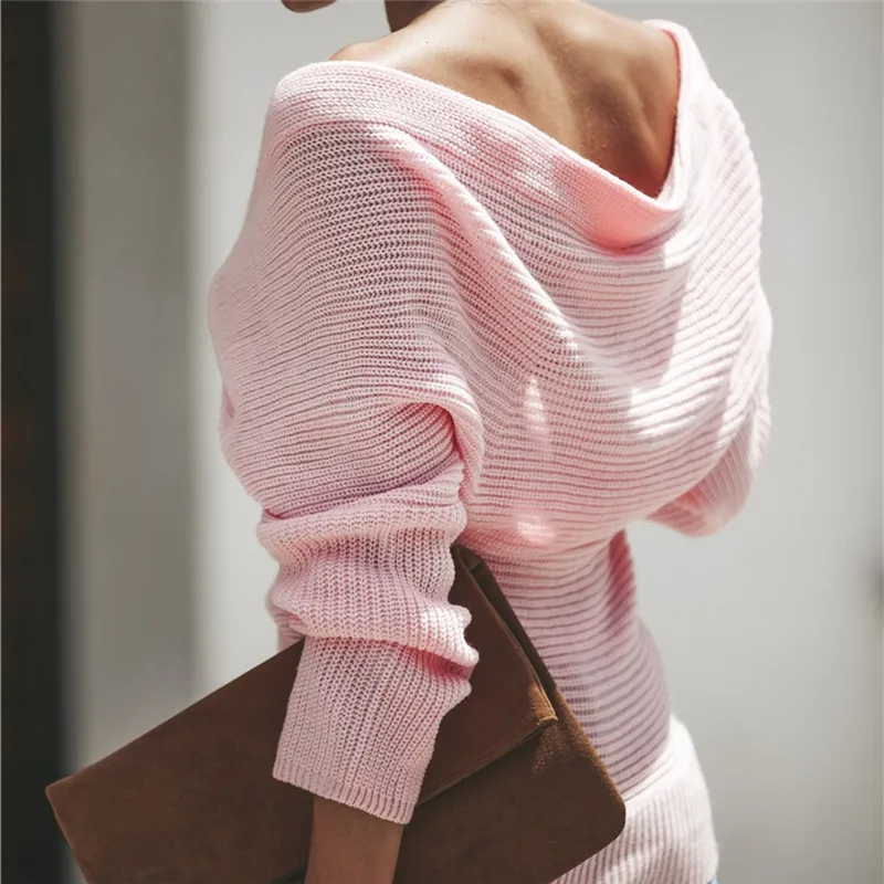 Sexy V-Neck Fold Women Knitted Sweater Loose Autumn Pullover Sweater Women Long Sleeve Tops for Party