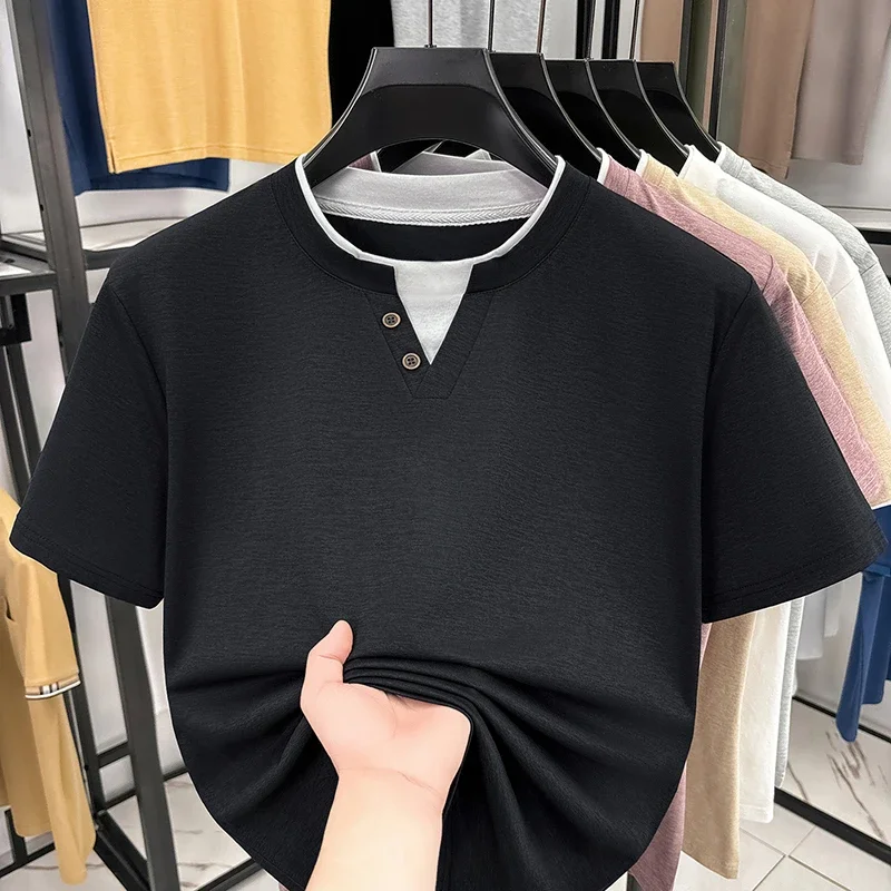 Camiseta informal con cuello Henley para hombre, camisetas de manga corta, estilo falso de dos piezas, camisetas cómodas y transpirables para hombre, ropa de calle de verano