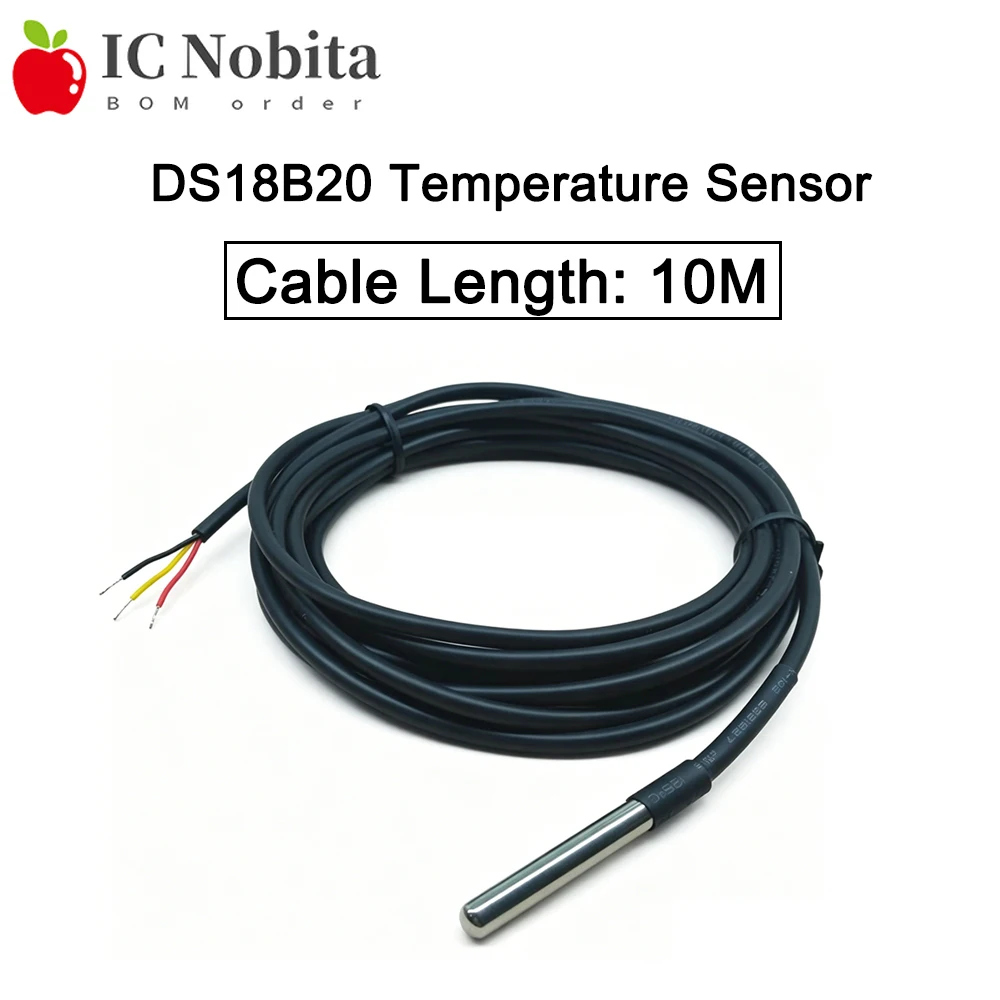 1PCS 10M DS18B20 Temperature Sensor Probe Stainless Steel Encapsulated Waterproof Temperature Cable with Shielded Wire