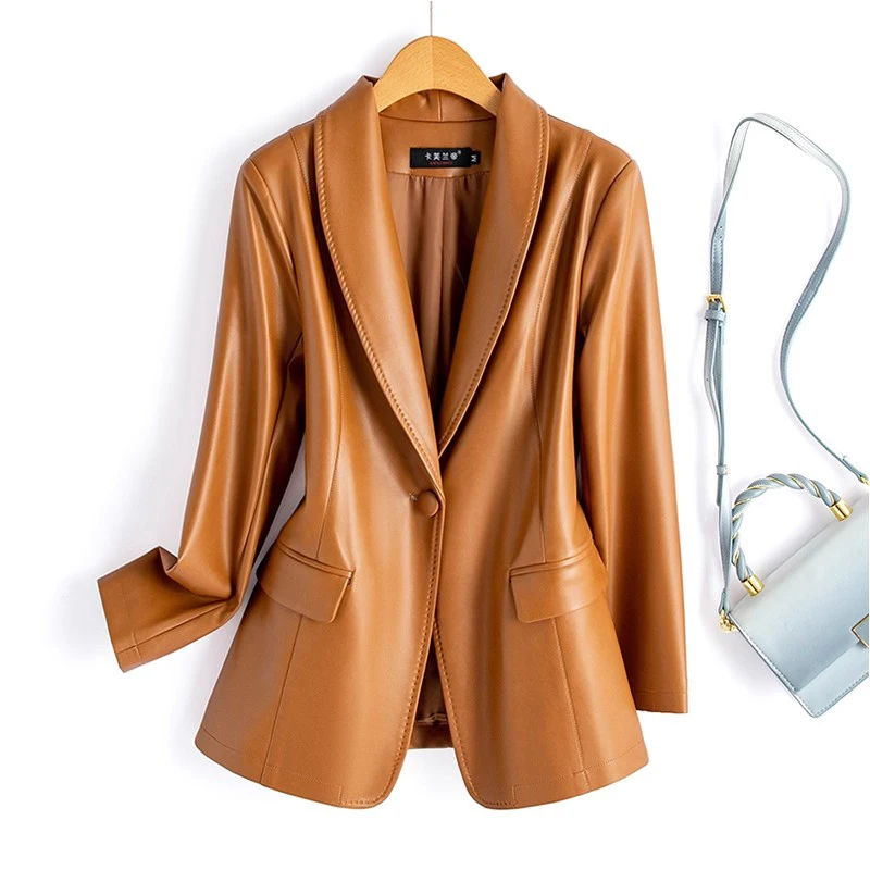 

New Women Spring Autumn Split Leather Blazer Fashion Notched Collar Single Button Slim Waist Leather Jacket Casual Coat Female