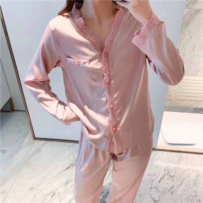 Seiden pyjama für Frauen Eis Seide sexy Spitze Langarmhose Lounge wear Frauen zweiteiliger Anzug Haushalts kleidung Nachtwäsche