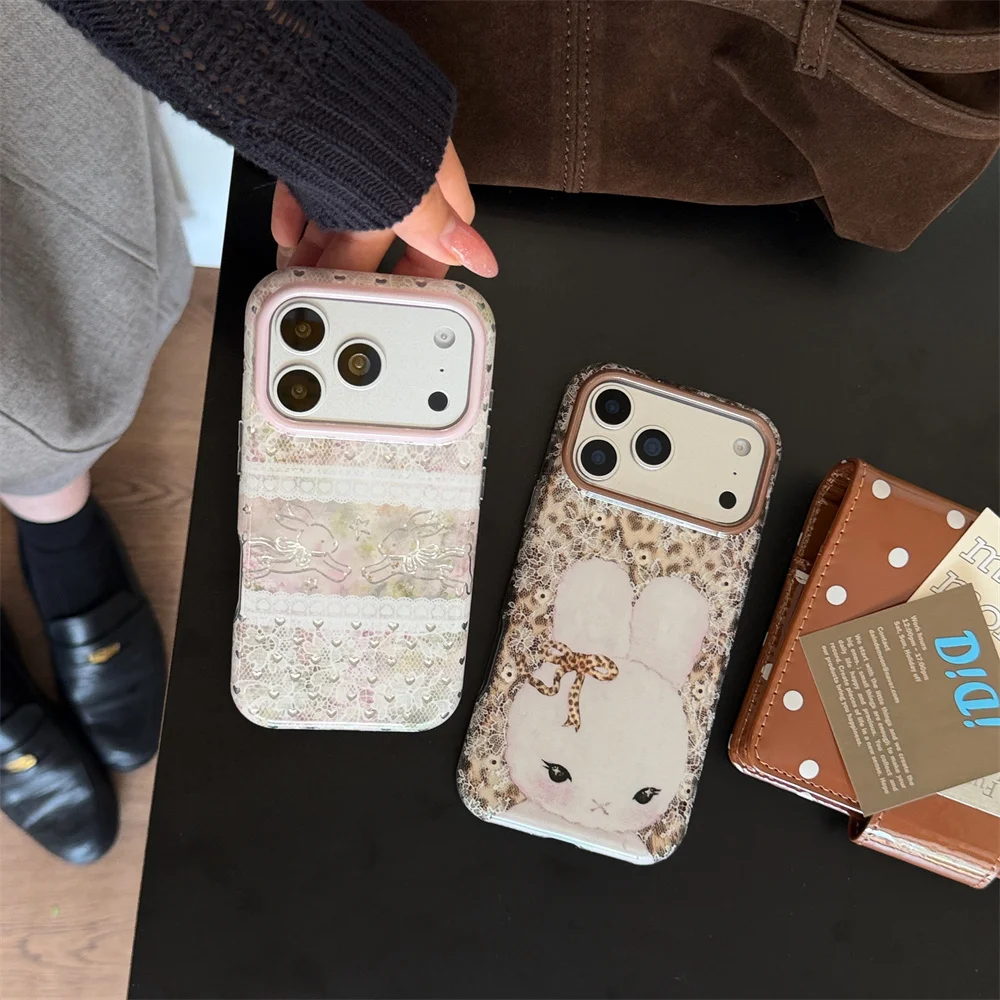 Fashion Korea Ins Lace Rabbit Flower Leopard Phone Case For iPhone 18 Pro max 17 16 15 Cases Protective Cover Cute 18 Pro Funda