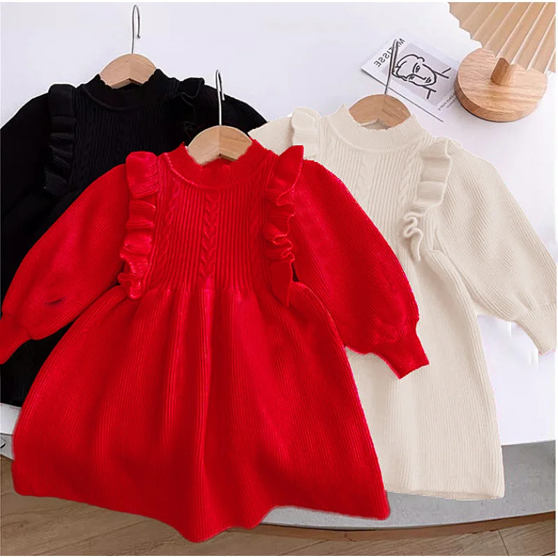 Girl's Sweater Skirt Spring and Autumn2024New Western Style Baby Girl Knitted Dress Children Red Princess Dress