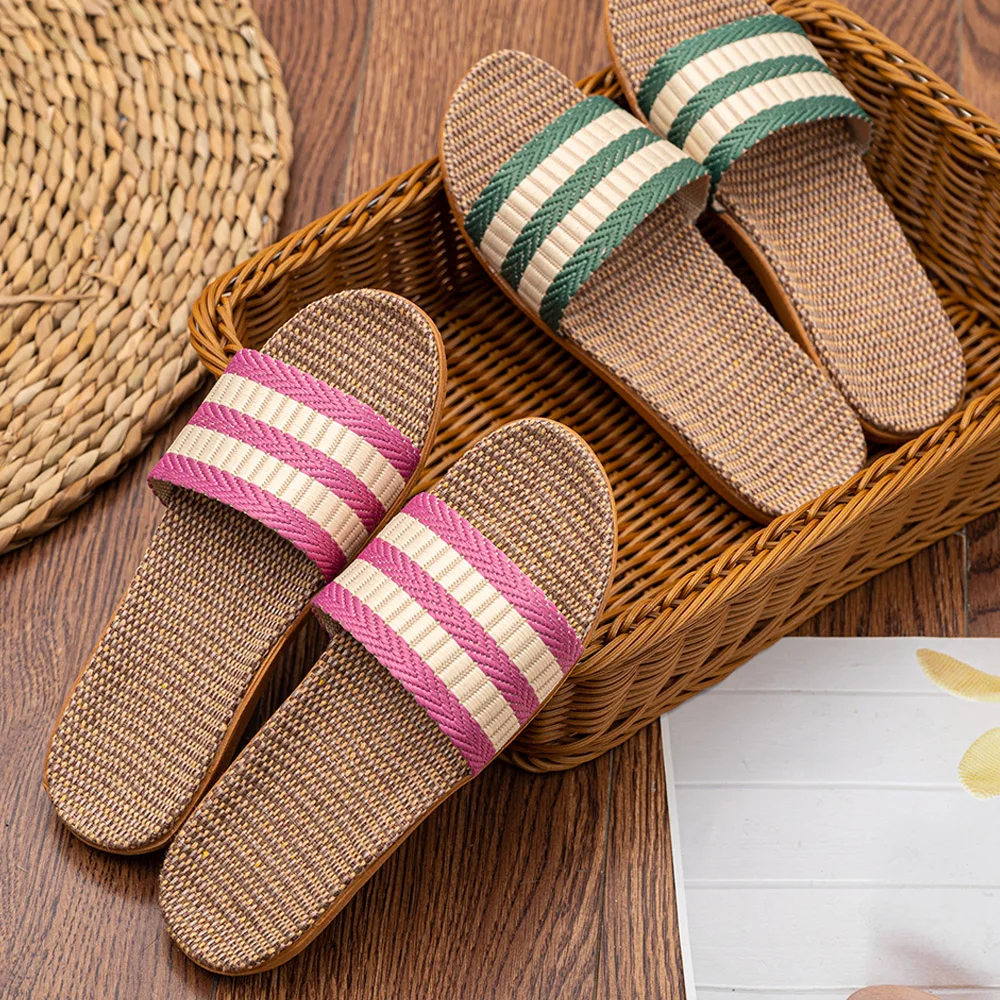 Women Linen Slippers Lightweight Couple Slippers AntiSlip Home Shoes Indoor Slippers