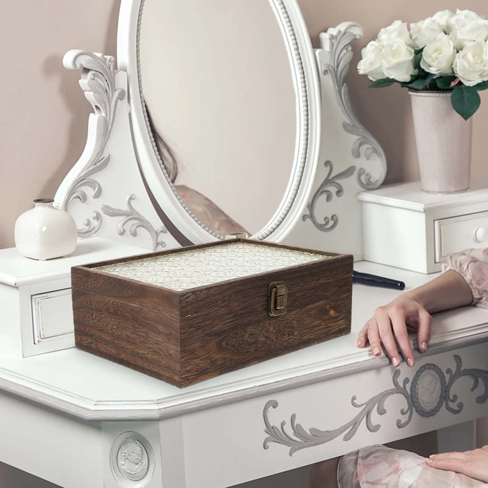

Retro Wood Jewelry Storage Box Jewelry Organizer Glass Lid Compact Display Case for Rings Necklaces Earrings Bracelets Gift Box