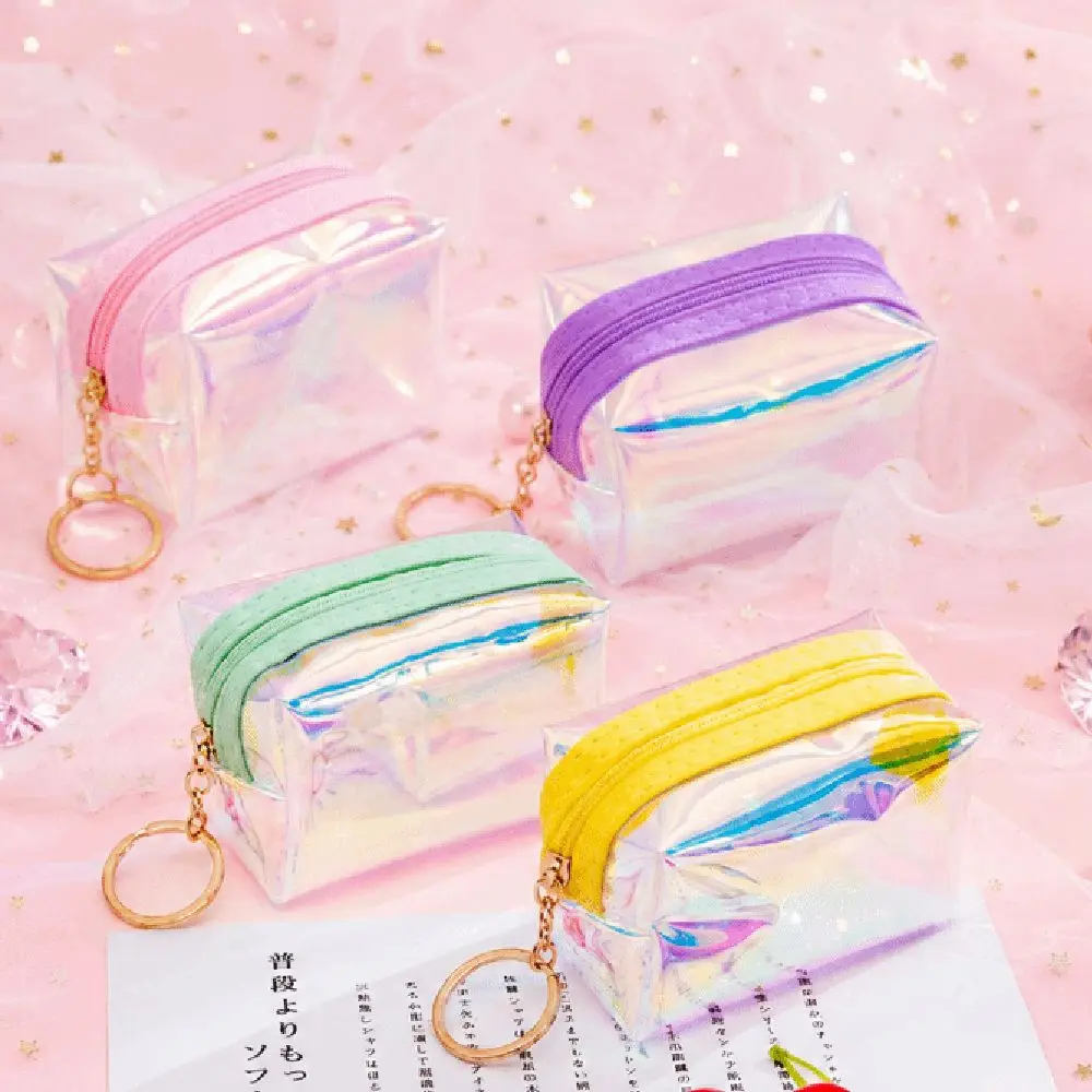 Rainbow Holographic Mini Coin Purse Zipper Waterproof Transparent PVC Wallet Pastel Color Portable Mini Keychain Bag Daily Use