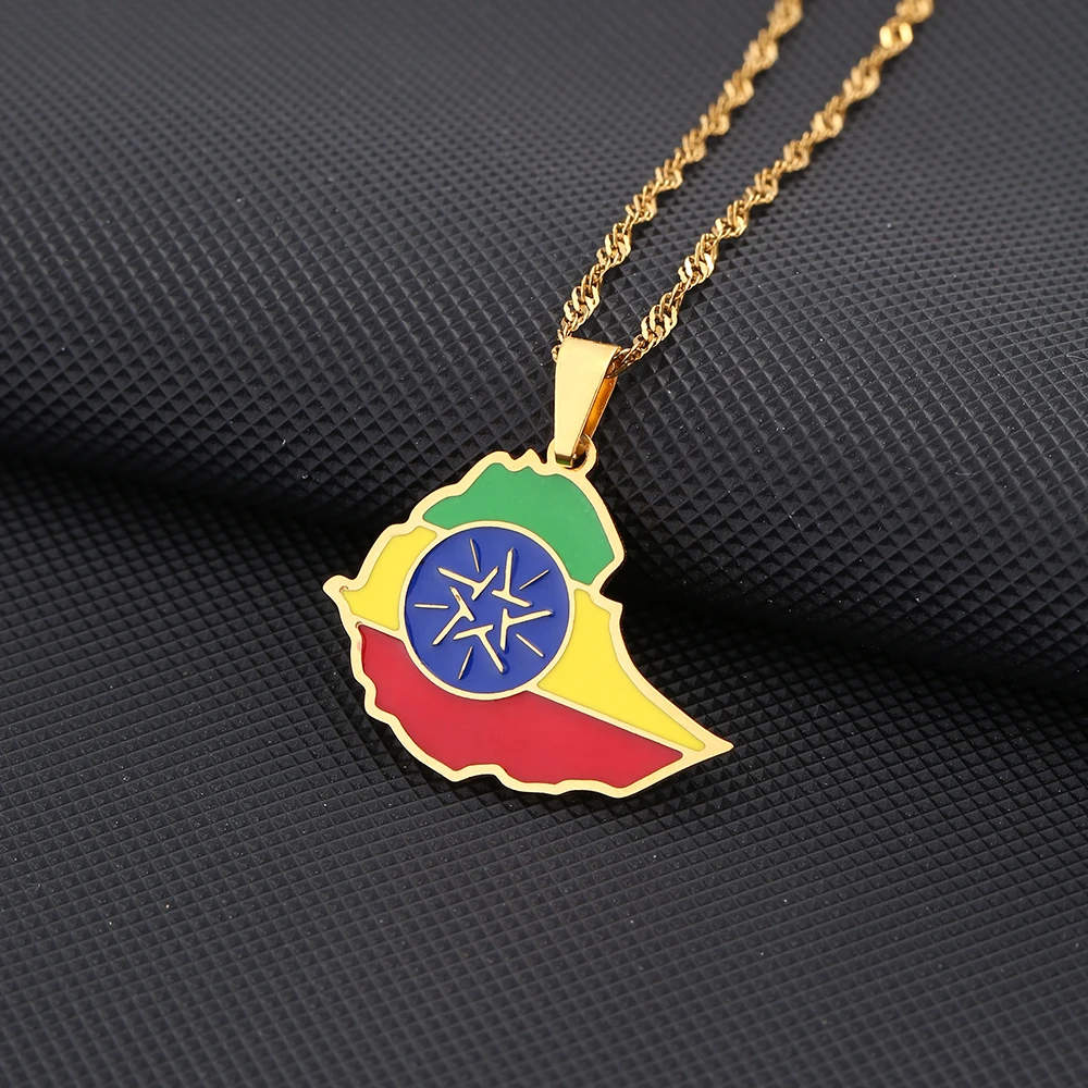 African Ethiopia Map Flag Pendant Necklace Stainless Steel Fashion Men Women Maps Jewelry Gift