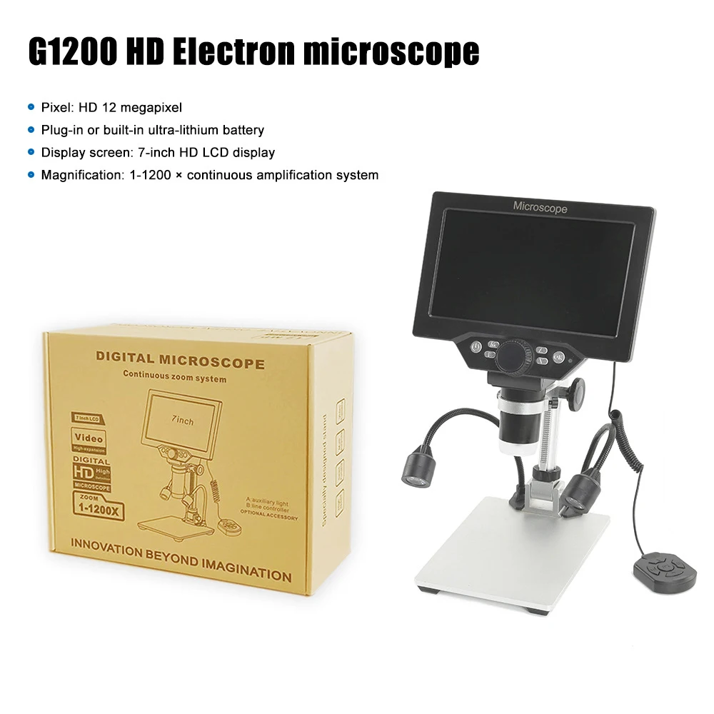 B1200 Digital Electronic Microscope,1200X Magnification,7 inch Display,Battery and LED Light,Multilingual,1080FHD,PCB Repair