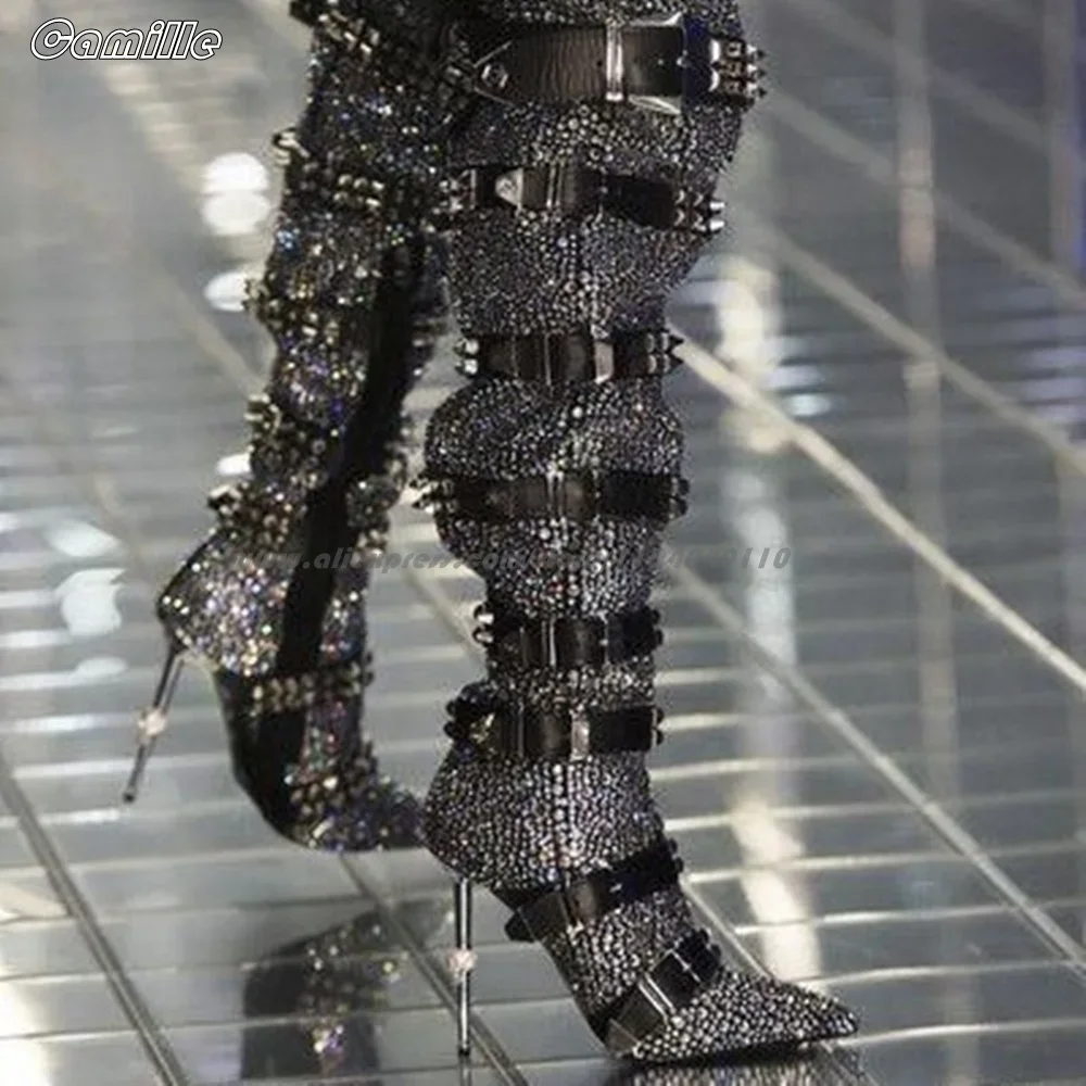 

Hot Diamond Ghost Head Сексуальные женские сапоги до колена с острым носком и высоким каблуком Зимние сапоги Размер 35-44 Сексуальная обувь на металлическом каблуке с боковой молнией