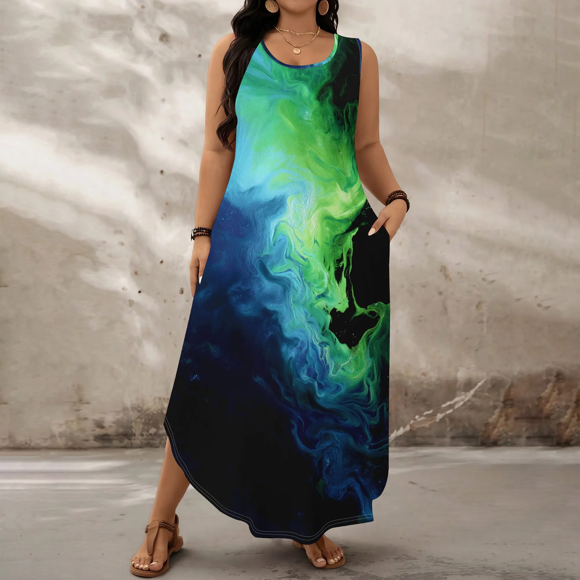 

Plus Size Aurora Gradient Maxi Dress XL-6XL Women's Sleeveless Summer Abstract Print Long Dress Elegant Vacation Outfit 2025