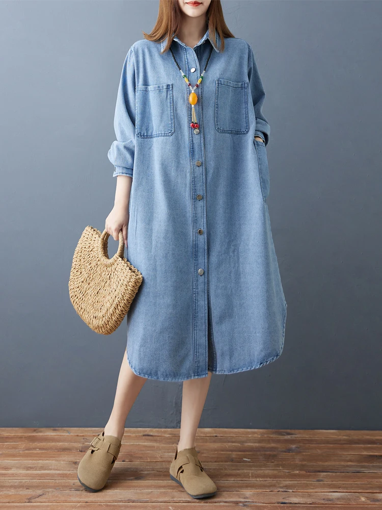 NYFS 2025 Herbst Winter Koreanische Neue Frauen Hemd Kleid Lose plus Größe Robe einreiher Elbise Denim Kleider