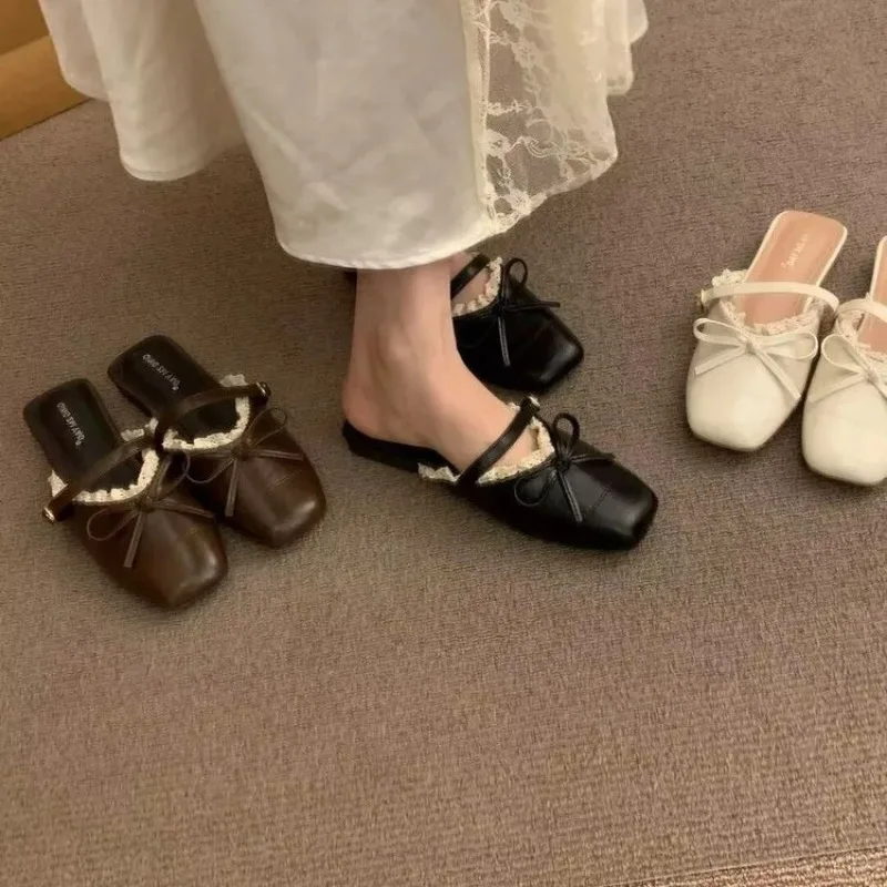 

Fashion French Bow Temperament Cool Drag Outward Wear Women's Shoes 2026 New Summer One-word Belt Baotou Half Slippers