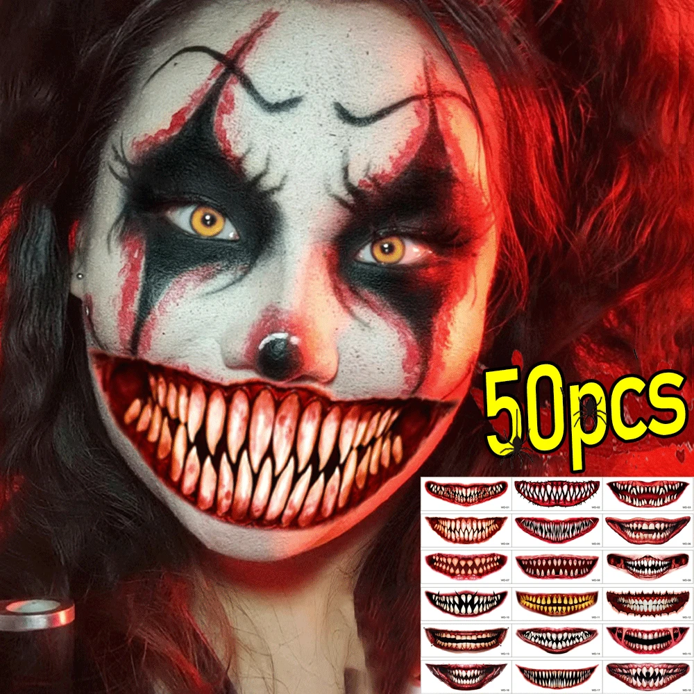 50pcs New Halloween Horror Big Mouth Face Tattoo Funny Diy Stickers Party Scary Temporary Tattoo Waterproof Tattoo for Men Women