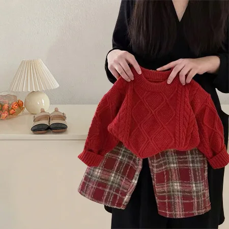 

Girls Red Sweater Top Children 2024 New Autumn Collection Fashion Simple Casual Sweater Clothes Korean Simple Style Clothes