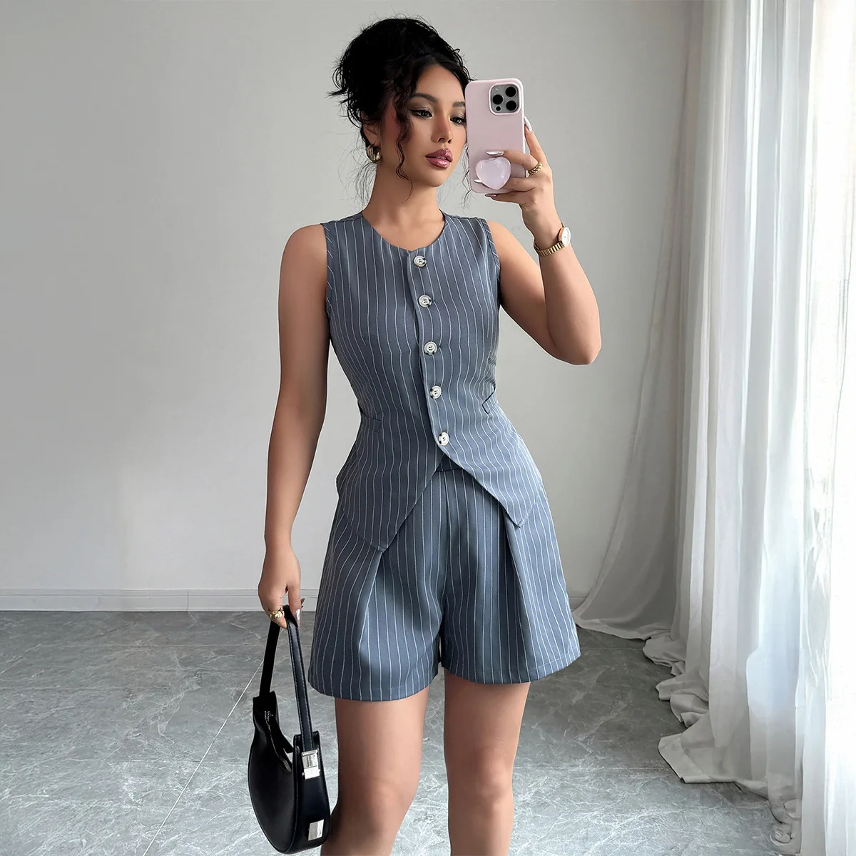 

Striped Shorts Pant Set Women Two Piece Sets V Neck Sleeveless Vests Tops Elegant Splice Short Pants High Waist Y2k Streetwear