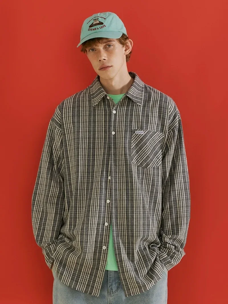 

Men's Long-sleeved Striped Plaid Shirt Women Loose Single Breasted Turn Down Collar Pocket Buttons Autumn Shirts Jacket