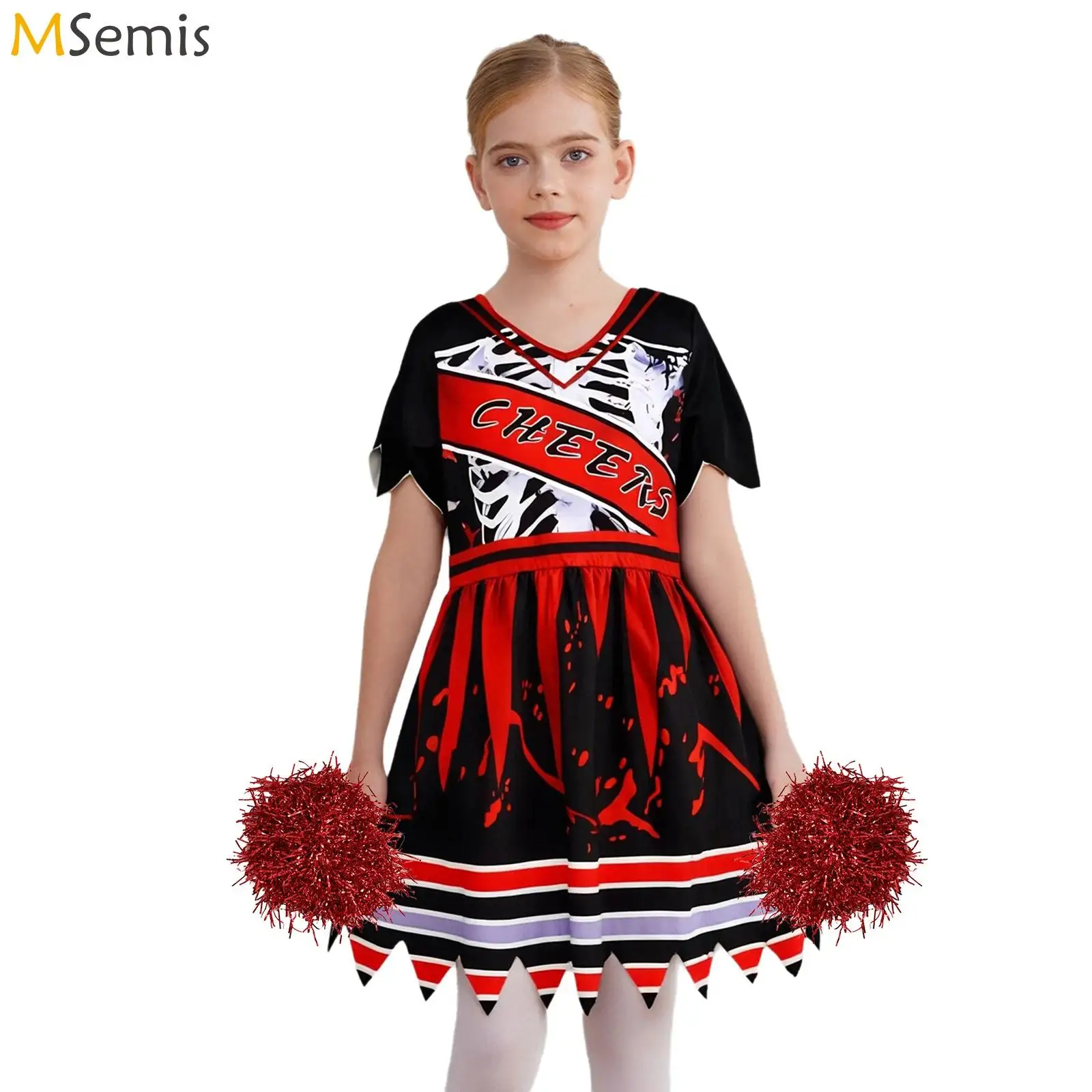 

Детские костюмы болельщиков для девочек, униформа черлидинга, страшный кровавый зомби, тематические вечеринки ужасов, платье с принтом и ручной помпон