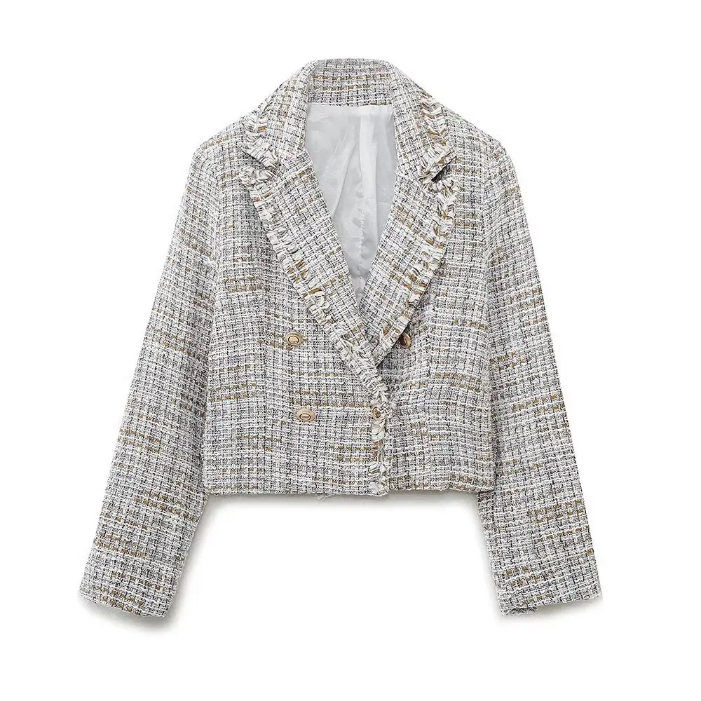 

Женский клетчатый пиджак с текстурой, европейско-американский стиль, весна-осень, короткий, с длинным рукавом и пряжкой, F13535