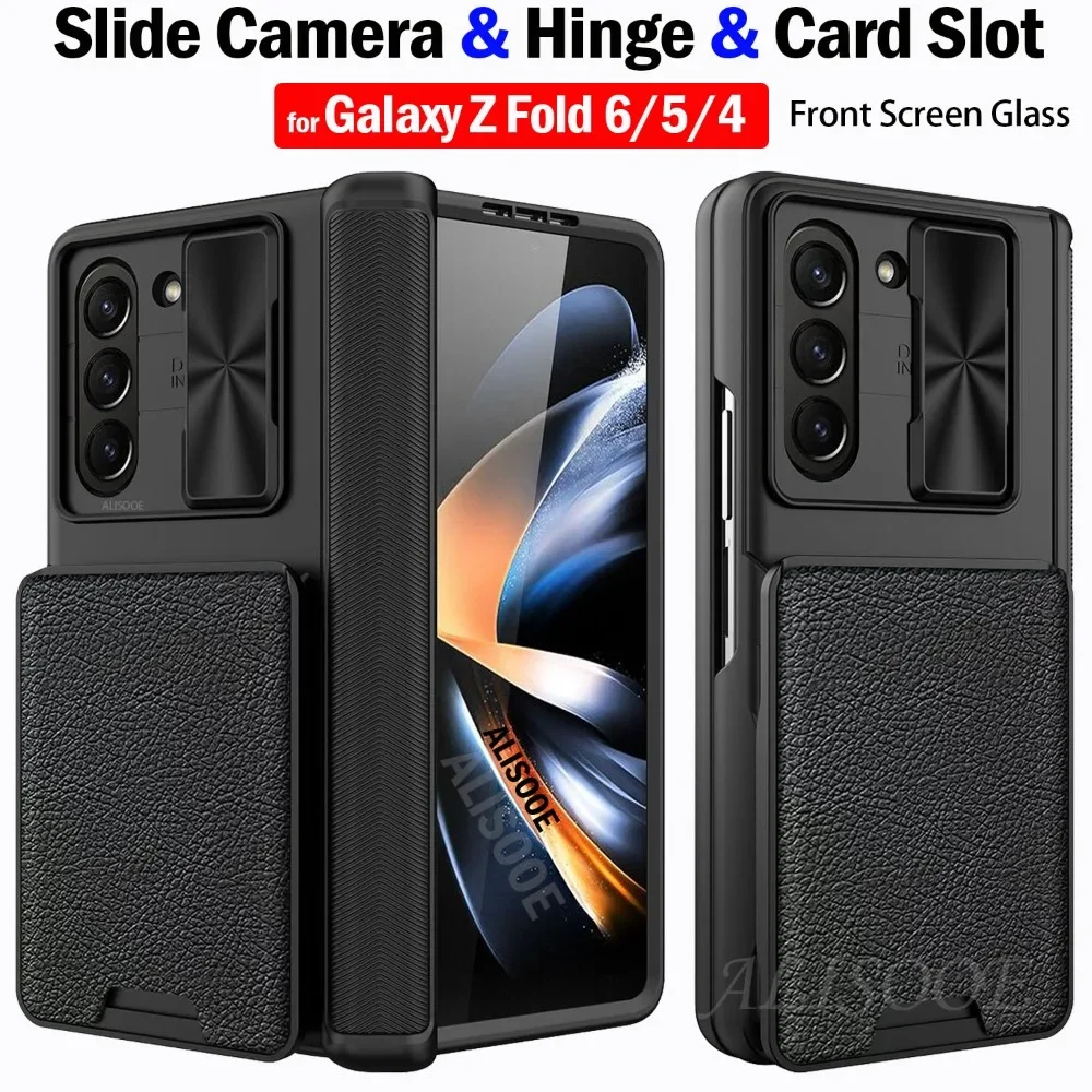 Slide Camera Hinge Funda for Samsung Galaxy Z Fold 6 Fold6 5 4 Case Removeable Wallet Card Slot Front Screen Glass Phone Cover