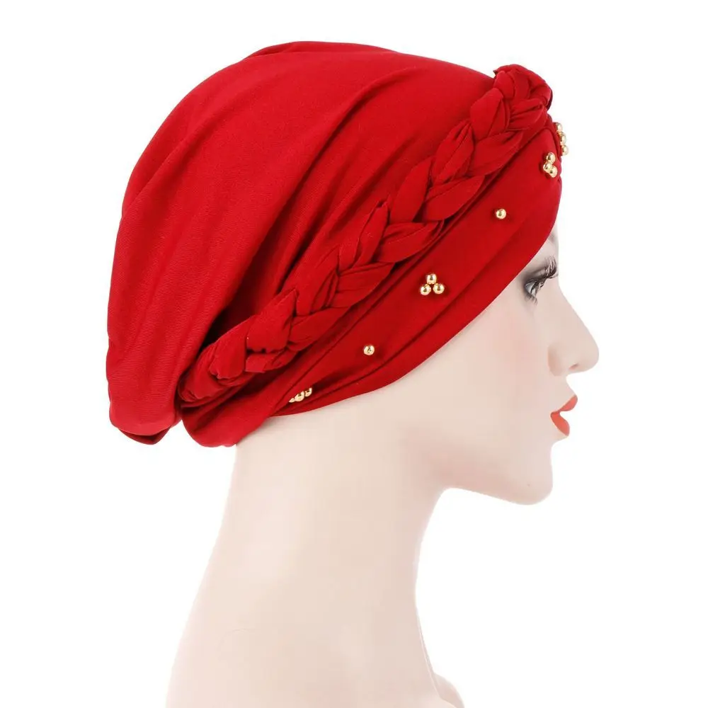 For Girls Head Scarf Solid Color Bonnet Twisted Beaded Turban Hat Muslim Hijab Women African Wrap Braid Head Wraps