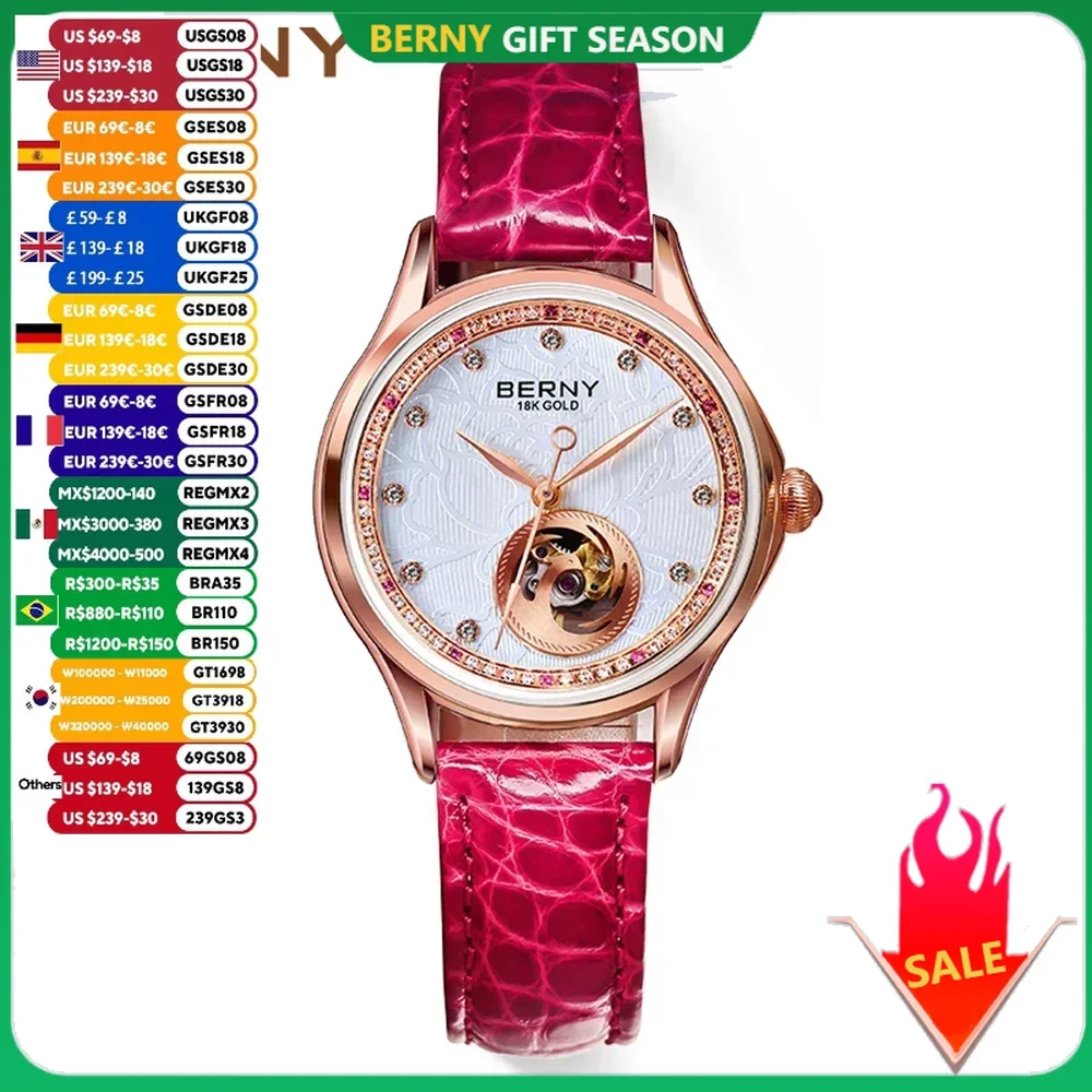 BERNY Mechanical Watch Women Luxury 18K Gold Ladies Clock Automatic Self-Wind Sapphire Glass 72 Diamond 5ATM Skeleton Design