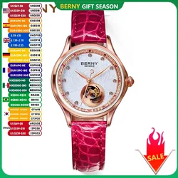 BERNY Mechanische Uhr Damen Luxus 18 Karat Gold Damenuhr Automatischer Selbstaufzug Saphirglas 72 Diamant 5ATM Skelett-Design