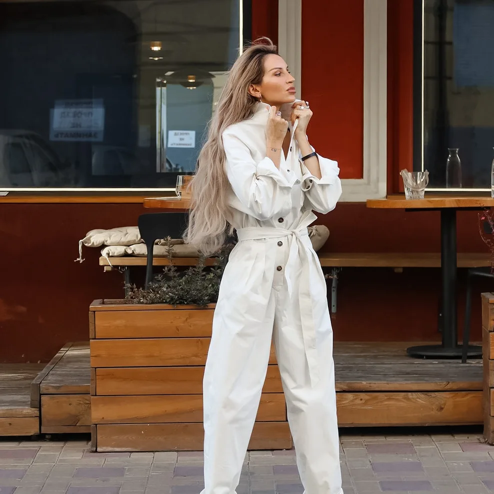 Fashion Loose White Cotton Women\'s Jumpsuit 2024 Elegant Lapel Long Sleeve Lace-Up Jumpsuits Female Romper Streetwear