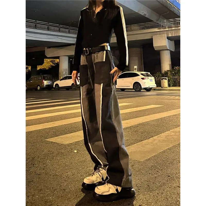 Vintage Oversize Women Spliced Jeans Streetwear Spring Autumn High Waist Straight Pants Y2k Loose Wide Trousers