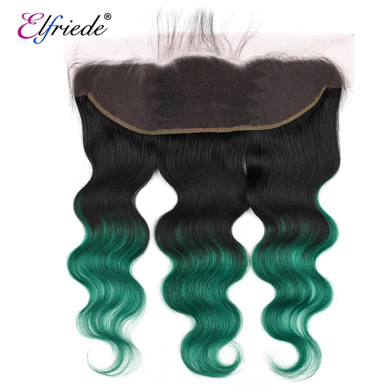 Elfriede Ombre 1B/Green Body Wave Hair Bundles with Frontal Brazilian Remy Human Hair Weaves 3 Bundles with Lace Frontal 13x4