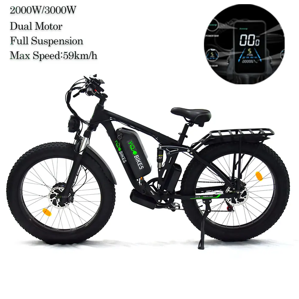 Fast Speed 60KM/H 3000W Electric Bike Dual Motor ebike Adult 26inch  Full Suspension Two Seat Fat Tire Tour Electric Bike