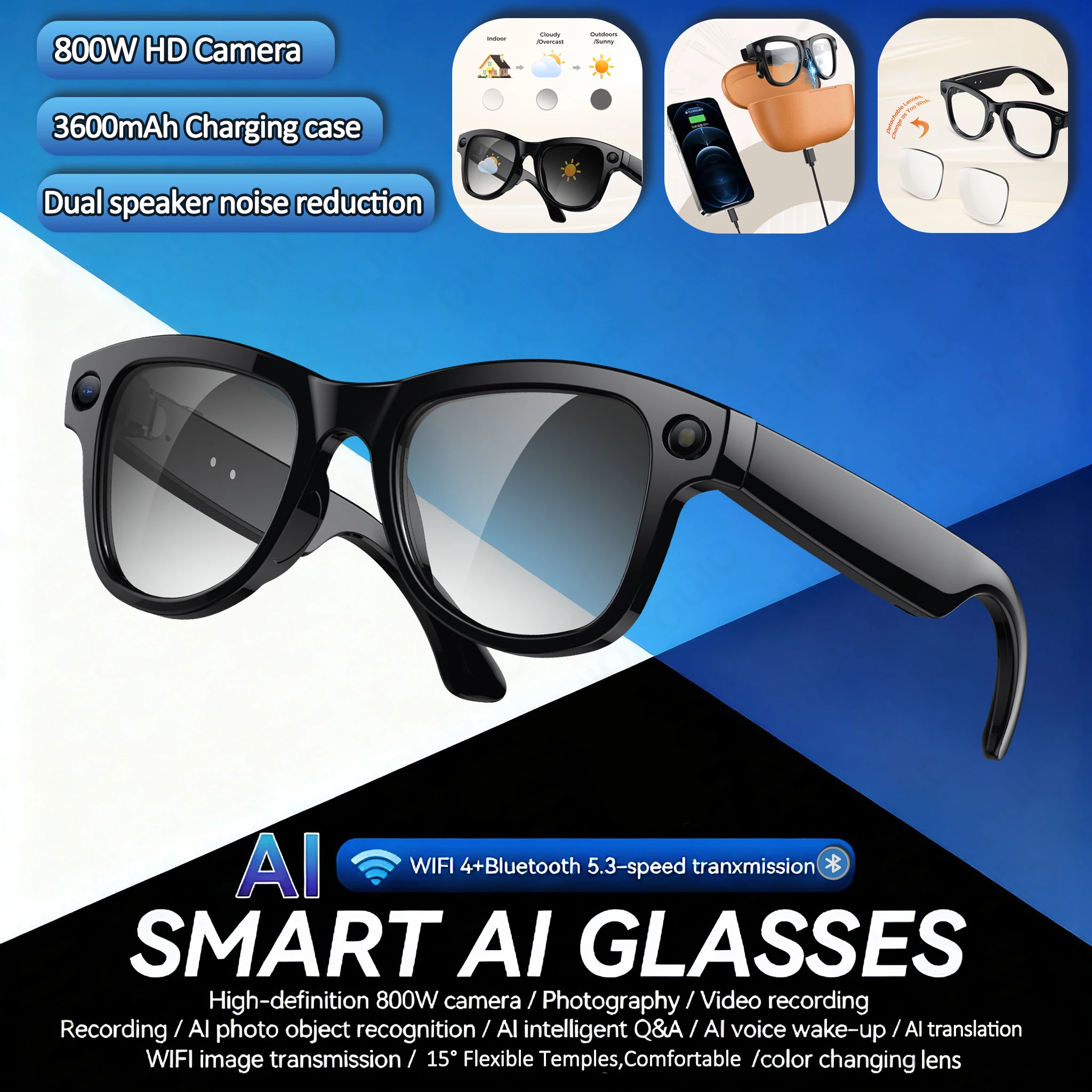 

2025 Smart AI Glasses 800W Camera 1200P Shooting Translation Dual Speaker WiFi Transmission Charging Case BT Call Smart Glasses